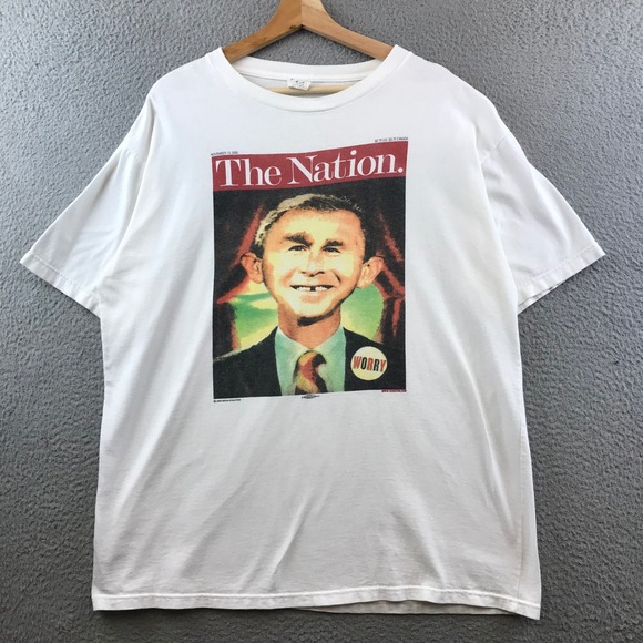 Vintage The Nation Worry Brian Stauffer George Bush Graphic Tee XL White - Picture 1 of 9